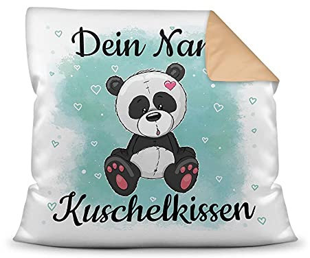 Kissen mit Füllung für Kinder - Tiermotiv Panda - für Mädchen und Jungs - mit Wunschname beschriften - Panda - Farbkissen Rückseite Beige, 40 x 40 cm
