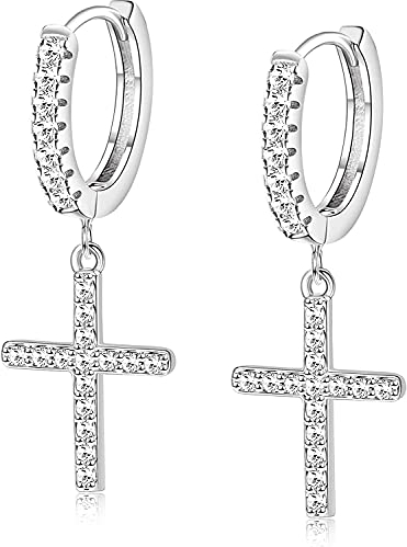 MILACOLATO Creolen Silber 925, Kreuz Creolen für Damen Herren, 18K Vergoldet Pave CZ Manschette Ohrringe, Kreuz Huggie Ohrringe, Baumeln Zirkonia Dangly Ohrringe für frauen Mädchen