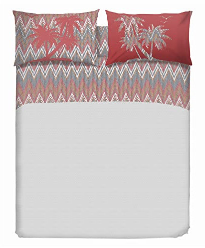 PENSIERI DELICATI Bettwäsche-Set für Ehebett aus 100% Baumwolle, Bettwäsche für Doppelbett 180x200 Inklusive Unterlaken, Oberlaken und 2 Kissenbezügen, Made in Italy, Palmen Koralle Fantasie