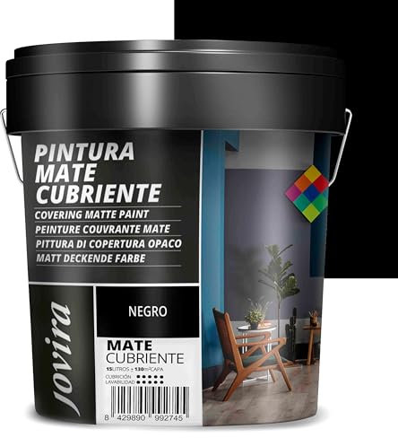 JOVIRA PINTURAS Pintura Mate Cubriente | 24 colores | Pintura interior-exterior con excelente poder cubriente. (15 Litros, Negro) A-31B