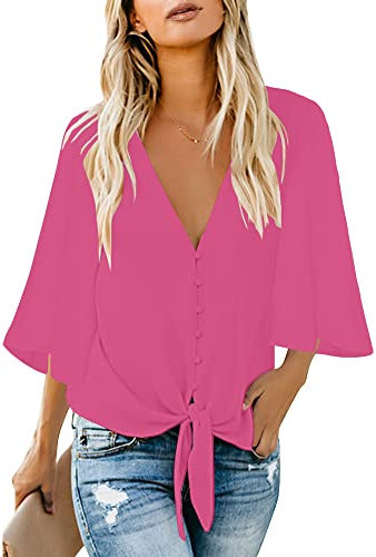 Roskiky - Camicia da donna in chiffon, elegante, con scollo a V, maniche a pipistrello a 3/4 a campana, Rosa caldo, XL
