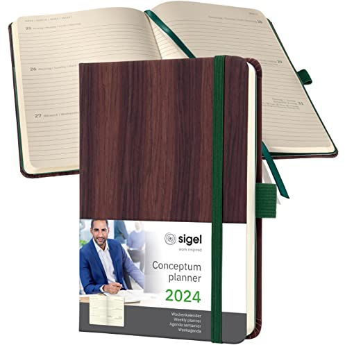 SIGEL C2477 Terminplaner Wochenkalender 2024, ca. A6, echtes Holzcover, Hardcover, 176 Seiten, Gummiband, Stiftschlaufe, Archivtasche, PEFC-zertifiziert, Conceptum
