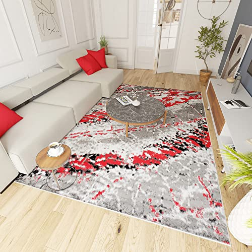 Mazovia Modern Teppich - Kurzflor - Teppich für Wohnzimmer, Schlafzimmer, Esszimmer - ÖKO-TEX Wohnzimmerteppich, Robust und pflegeleicht, Niedrige Florhöhe - Grau Rot 80 x 150 cm
