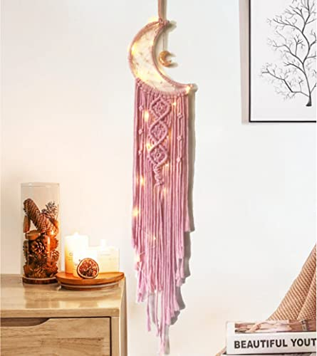 Traumfänger Rosa Traumfänger für Mädchen Schlafzimmer Wanddekoration für Frauen Mond Traumfänger mit Licht Makramee Traumfänger Boho Raumdekor für Teenager Mädchen Geburtstagsgeschenke für Frauen