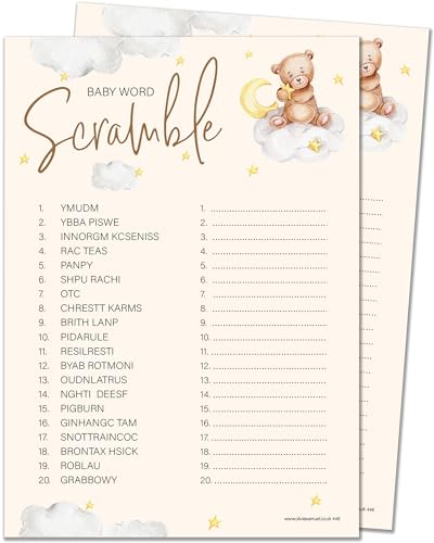 Olivia Samuel 20 x Word Scramble Baby Shower Game – Unisex Neutral Teddy Bear Design (20 Guest Cards + 1 Card of Answers for The Host + Winner's Certificate)…