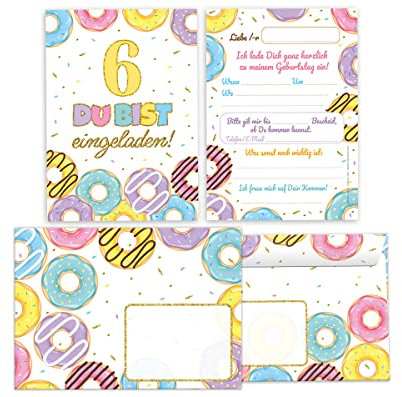 Minkocards 8 Einladungskarten incl. 8 Umschläge zum sechsten Kindergeburtstag 6. Geburtstag Mädchen Jungen Donuts bunte Einladungen zum Geburtstag Kinder Einladungsset