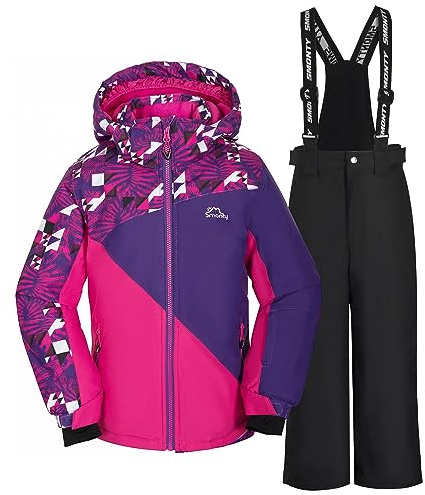 SMONTY Tuta da Neve per ragazza Giacca da Sci Invernale e Pantaloni Cinghie con Cappuccio Set Antivento Impermeabile Caldo(Rosso Viola-Colorful Viola, 6-7)