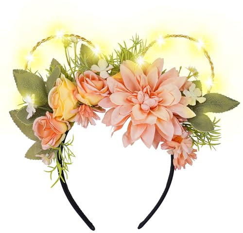 VISSTREE Handmade Mouse Ears Headband with Large Flower and LED Light Pink Floral Headwear for Theme Wedding Party and Park Hair Accessories
