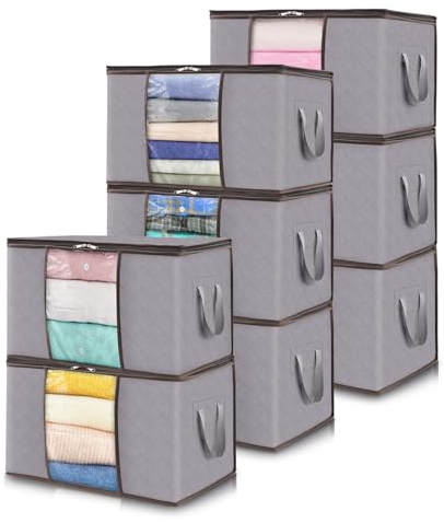 Lifewit 50L Aufbewahrungstasche Kleidung, Kisten Aufbewahrung mit Deckel Kleideraufbewahrung aufbewahrungsbox Kleiderschrank Organizer mit Verstärkt Griff für Kleider Bettzeug, 8 Stück, Hellgrau