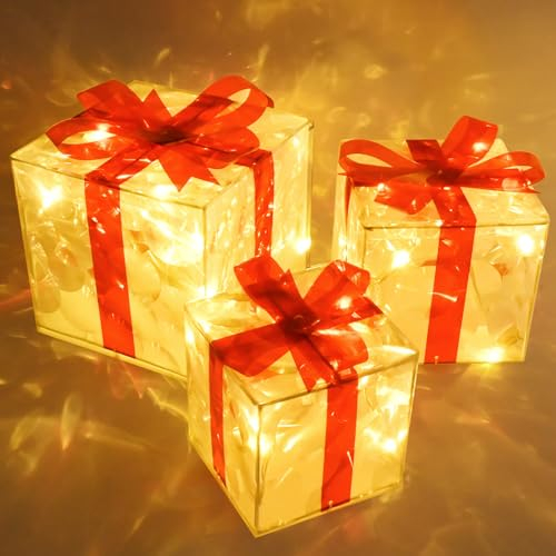 Ulikey 3er Set LED Geschenkbox, Deko Geschenkbox Weihnachten, Weihnachtsdeko Box mit 60 Warmweiß LEDs, Beleuchte Weihnachtenbox, Weihnachten Dekoration unter Weihnachtsbaum/Fenster/Garten (PVC)