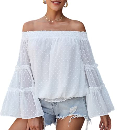 MQYXGS Womens Off The Shoulder Bell Sleeve Swiss Dot Tops Flared Casual Loose Blouse Solid Color Off Shoulder Long Sleeves Shirt Ruffles Chiffon T Shirt (A-White/XL)