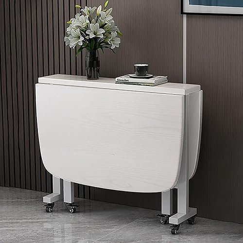ZHUKER Folding Dining Table, Extendable Kitchen Desk with Locking Wheels, Wooden Drop Leaf Table, Flip-Top Dinner Tables for Small Spaces, Round Edge Design (White, 100x60cm)