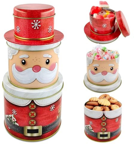 TaimeiMao 3 contenitori natalizi per biscotti a forma di Babbo Natale, in metallo, a tre piani, per dolci e cioccolatini, per l'inverno, l'Avvento, Natale