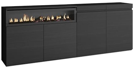 Skraut Home | Sideboard, Highboard | Kommode, Komodenschrank | 200x75x35cm | 4 Türen | Elektrokamin. Maße | Moderner Stil | Schwarz