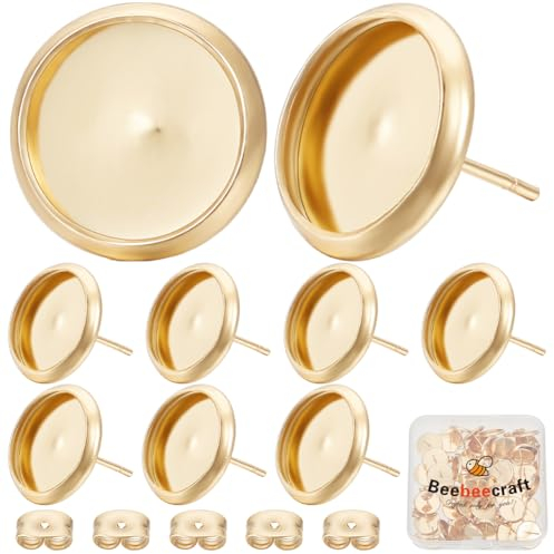 Beebeecraft 1 Box 50 Stück 12mm Ohrring Einfassungen Edelstahl Flache Runde DIY Ohrstecker Rohlinge 0,8mm Pin Gold Ohrring Lünette Und 50 Stück Ohrmuttern Für Die Herstellung