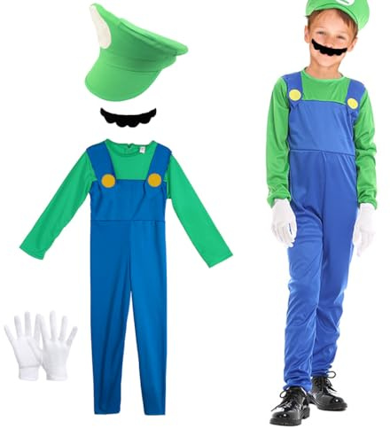 Capaneus Klempner Super Brothers Cosplay Kostüm für Kinder Erwachsene, Super Klempner Overall mit Rot Grün Mütze für Karneval Halloween Faschingskostüme Jungen Mädchen