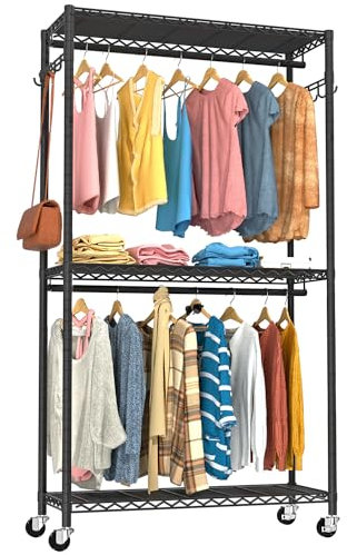 VyGrow Kleiderständer,zum Aufhängen von Kleidung, 3 Ebenen, verstellbarer Kleiderständer mit Rollen, Doppelstangen, Seitenhaken, strapazierfähig, Belastung 200 kg, 90 cm L x 39,9 cm B