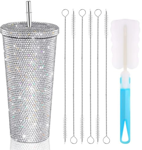 EHOTER Vaso de diamantes brillantes tachonados con purpurina, botella de agua con tapa, de acero inoxidable al vacío, vaso térmico con popote de diamantes de imitación con 1 cepillo para taza, 6