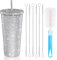 EHOTER Vaso de diamantes brillantes tachonados con purpurina, botella de agua con tapa, de acero inoxidable al vacío, vaso térmico con popote de diamantes de imitación con 1 cepillo para taza, 6