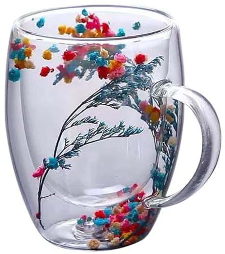 OnIUeZky 1PC Double Walled Glass Mugs 350ml Glass Coffee Mugs Clear Dried Flowers Coffee Cups with Anti-Scald Handle Glass Cups for Hot Drinks, Tea, Milk 1