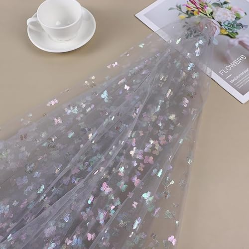 SYSUII 3m * 150cm Glitzer Tüll Dekostoff mit Schmetterling Dekostoff Kostümstoff zum Nähen Netzstoff Netztüll zum Dekorieren Basteln für DIY-Hochzeitskleider Tischdecken Deko -Grau