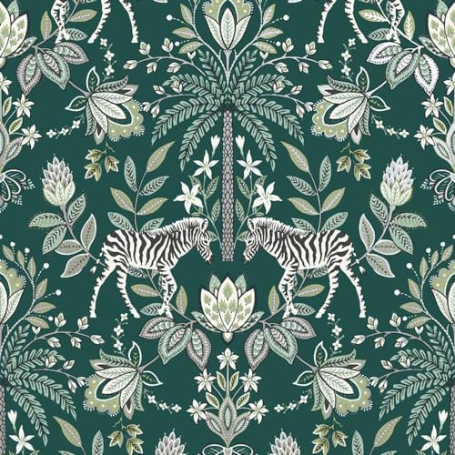 Etosha Green Wallpaper - Animal Print Zebra's Floral Leaves Tropical - Metallic Effect Stylish Paste The Wall