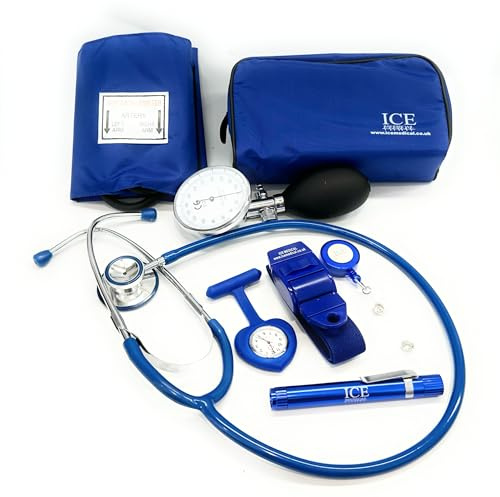 Aneroid Blood Pressure Sphygmomanometer Monitor, Stethoscope, Pen Light (Pen Torch), Tourniquet, Nurse Watch, Lanyard ID Card Holder - Starter Set (Blue with Heart Watch)