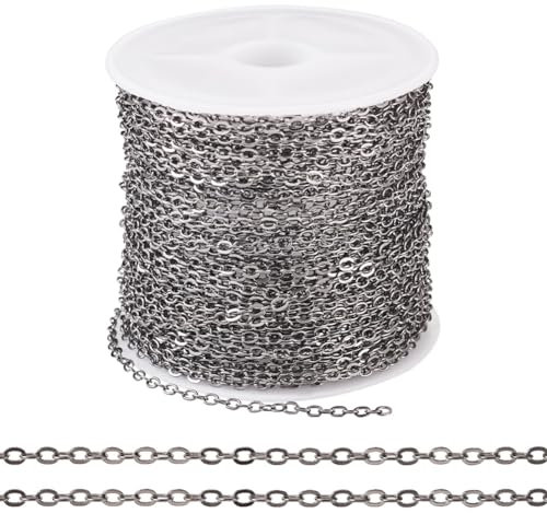Cheriswelry 32.8 Feet Flat Oval Cable Chains with Spool Gunmetal Soldered Link Chains for Women Men Necklace Bracelet Jewelry Making