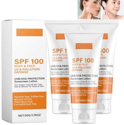 Sonnencreme LSF 100, Sunscreen SPF 100, Sunscreen Lotion mit UVA/UVB-Schutz, Anti-Aging Sonnencreme Für Gesicht und Körper, Nicht-fettend | Wasserfest | Für Alle Hauttypen Geeignet (3 Stück)