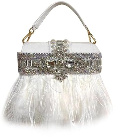 MOISTRI Feder Clutch Straußenfeder Geldbörse Perlen Abendtaschen für Damen mit abnehmbarem Geldbörsenriemen Diamant Geldbörse Weiß