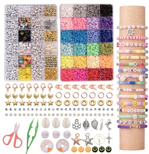 Clay Beads Bracelet Making Kit - 24 Color 6mm Polymer Clay Beads for Jewelry Making,Colorful Friendship Bracelets Making Kit - Alphabet & Smiley Charms, Tools & Accessories