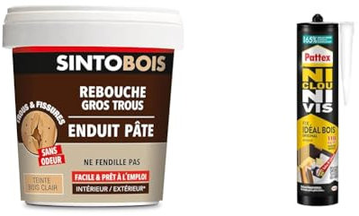 Sinto Rebouche Bois pour Gros Trous et Fissures Bois Clair - 1kg - Facile et Prêt à l’Emploi & Pattex Ni Clou Ni Vis Fix Idéal Bois (cartouche de 380 g) – Colle de fixation à maintien immédiat