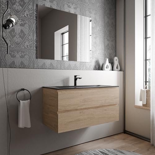 BERNSTEIN Badmöbel-Set Ava 100cm bestehend aus Mineralguss-Waschbecken mit Unterschrank in Eiche honiggold, Waschtisch BRUXELLES - Schwarz matt mit Hahnloch, Ideal für mittelgroße Bäder und Badezimmer