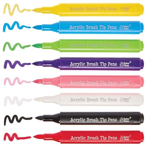 Baker Ross FN282 Acrylic Porcelain & Deco Brush Tip Pens - Pack of 8, Ceramic Decorating Pens, Brush Pens for Crafts
