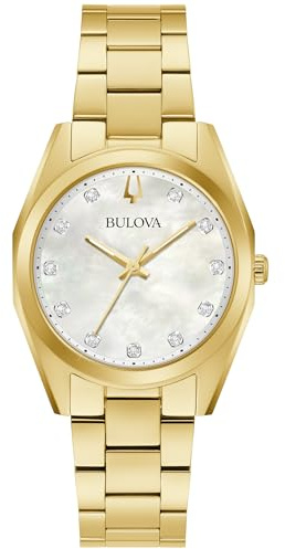 Bulova Surveyor Diamonds Armbanduhr für Damen in der Farbe Gold mit Armband aus Edelstahl, Wasserdichtigkeit: 3 bar, Gehäusedurchmesser: 31 mm, 97P172