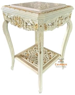 CasAmin Home & Living Tavolino quadrato in legno barocco francese, stile rococò, realizzato a mano con piano in marmo bianco, tavolino da caffè, tavolo da tè come decorazione per la casa