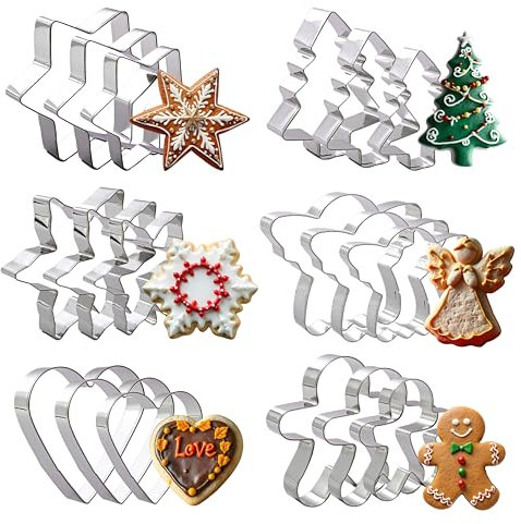 18Pcs Christmas Cookie Cutter, Xmas Holiday Cookie Cutters Gingerbread Man, Snowflake, Christmas Tree, Heart, Angel, Star Shapes Christmas Cookie Mold Biscuit Cutters for Holiday Winter Baking