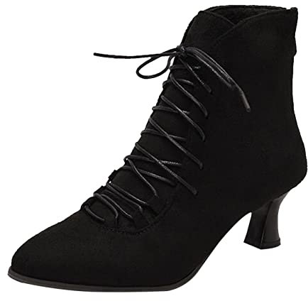 Stivaletti da donna con tacco alto e cinturino con fibbia, punta a punta, cerniera e tacco, jeans, stivali larghi con tacco basso, Nero , 38.5 EU