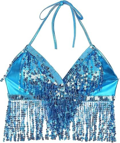 QIBZI Tops de danza para mujer,Top de rendimiento con lentejuelas, sujetador de lentejuelas para danza del vientre, top con borlas de lentejuelas para danza del vientre (azul)