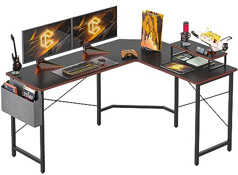 Cubiker Gaming Tisch Eckschreibtisch 170x120cm, Schreibtisch mit Monitorständer und Seitlicher Aufbewahrungstasche, Gaming Schreibtisch L Form, Computertisch, Kohlefaser Schwarz