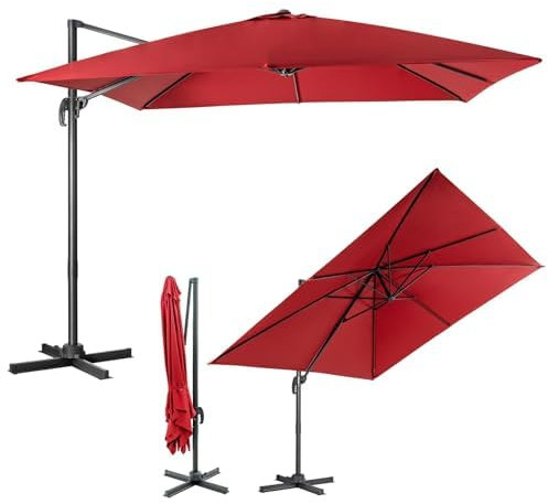 FANTASK Sonnenschirm 300 x 300 cm quadratisch, Ampelschirm mit Kurbel, Gartenschirm neigbar, 360° drehbar (Weinrot)