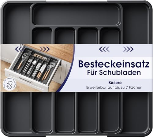 Kitsure Schubladen-Besteckkasten – verstellbarer Schubladeneinsatz aus BPA-freiem Material, Mehrzweck-Schubladen-Organizer, Küchen-Organizer, schwarz, 30.80 x 20.50 x 4.20 cm