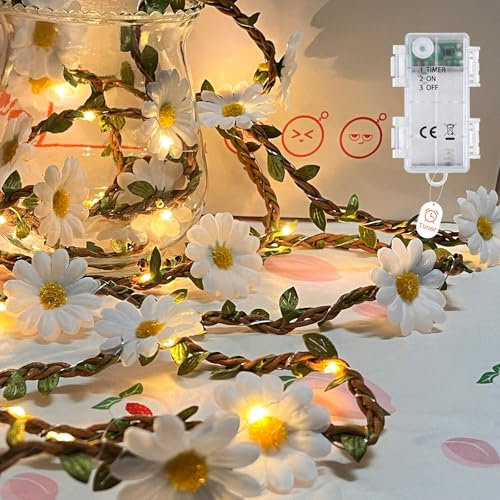 Afaiup LED Daisy String Fairy Lights, 20 Micro Warm White LED Waterproof Battery Operated with Timer Garland Light for Indoor Outdoor Lighting,Bedroom,Wedding,Party,Christmas,Spring Decoration