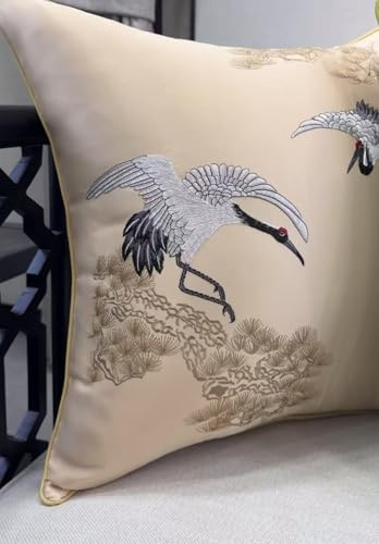 Dekorative Kissen, 2er-Set, Satin-Kissenbezüge, dekorativer Kissenbezug, bestickte japanische Kraniche, fliegende traditionelle Kissenbezüge, weich und bequem (Champagner, 35 x 50 cm)(Champagne,45x45c