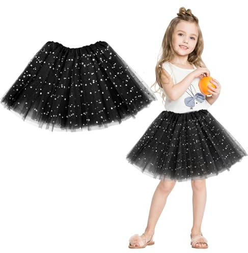 Sibba Sparkle tutù gonna da balletto a 3 strati di tulle con paillettes a stelle, giochi di ruolo, compleanno, principessa, festa per ragazze, 2-7 anni, sport all'aria aperta, Nero , M-L