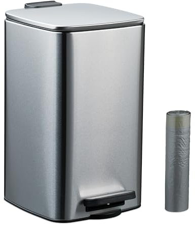 Relaxdays Kosmetikeimer, 8 L, Absenkautomatik, entnehmbarer Inneneimer, Metall, Bad Mülleimer, inkl. Müllbeutel, Silber