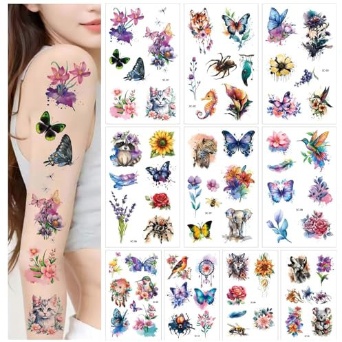 Tatouages temporaires 3D pour femmes filles fleur colibri papillon réaliste longue durée faux tatouage temporaire Tatouages imperméables pour l’art corporel adulte