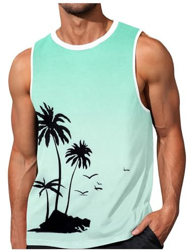 Men's Sports Hawaiian Palm Tree Tank Tops Athletic Running Graphic Summer Muscle Shirts Gym Workout Athletic Tank Tops Undershirts A-Shirt Tank Top Vacation Loose Fit Color Block Light Green