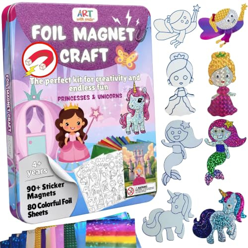 Foil Fun Art Kit for Kids - Reusable Princesses & Unicorns Foil Art for Girls & Boys, DIY Mess-Free Girls Craft Kit w/Magnets, Ideal Travel Toy & in Car Gift for Kids (Princesses & Unicorns)