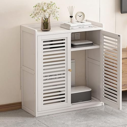 XCLOOZGL Bambus WLAN-Router-Aufbewahrungsschrank Stand-Router-Aufbewahrungsbox Freistehender WiFi-Geräte Schrank-Organizer Versteckter Schrank Für Zuhause Und Büro,Weiß,59 * 25 * 67cm